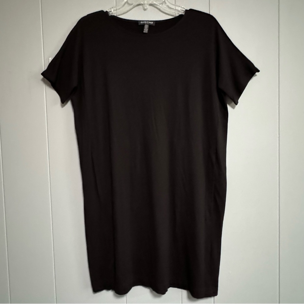 EILEEN FISHER PETITES Black Short Sleeve Viscose T Shirt Dress Pockets Size PP